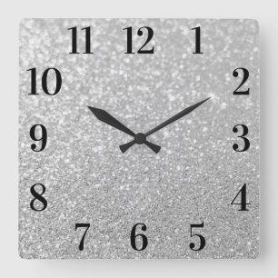 Faux Silver Glitter Elegant Black Numbers Square Wall Clock
