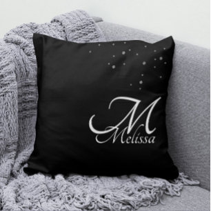 Faux Silver Glitter Embossed Silver Monogram Black Throw Pillow