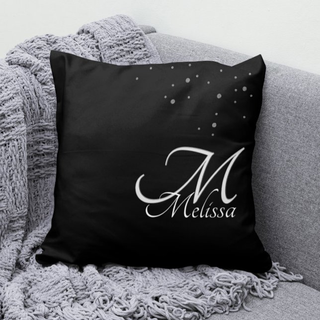 Faux Silver Glitter Embossed Silver Monogram Black Throw Pillow (Silver Monogram Pillow with Your Name and Faux Silver Glitter Confetti)