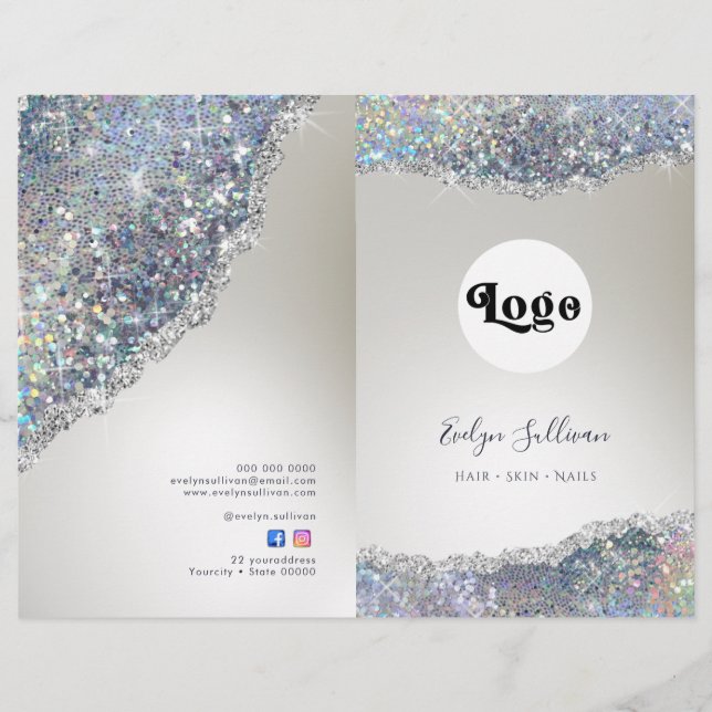 Faux silver glitter foil service menu brochure (Front)