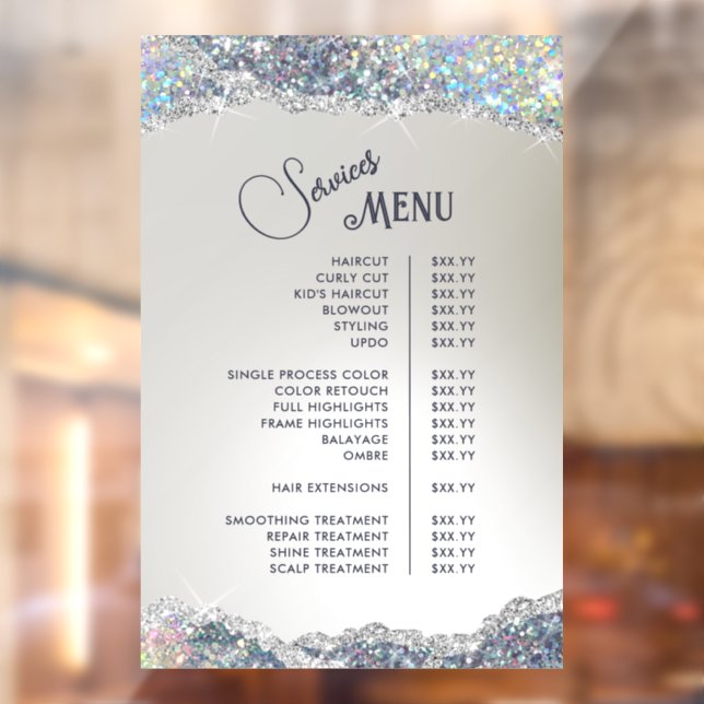 Faux Silver Glitter Foil Services Menu Window Cling (Sheet 2)