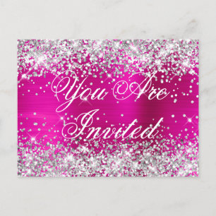 Faux Silver Glitter Hot Pink Birthday Invitation Postcard