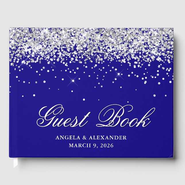 Faux Silver Glitter Indigo Blue Wedding Guest Book (Front)