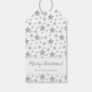 Faux Silver Glitter Look Stars Merry Christmas Gift Tags