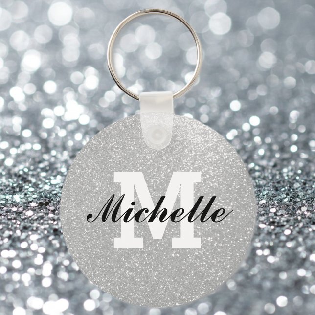Faux silver glitter monogram key chain (silvery keychain with monogram)