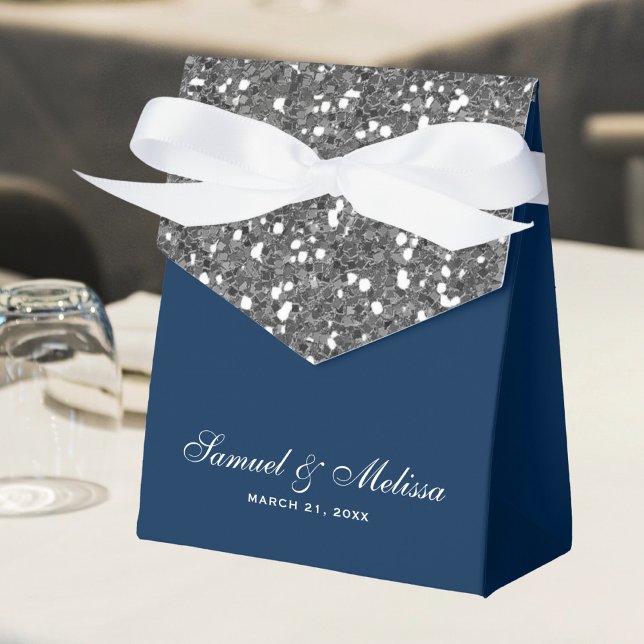Faux Silver Glitter Navy Blue Wedding Favor Box (Creator Uploaded)