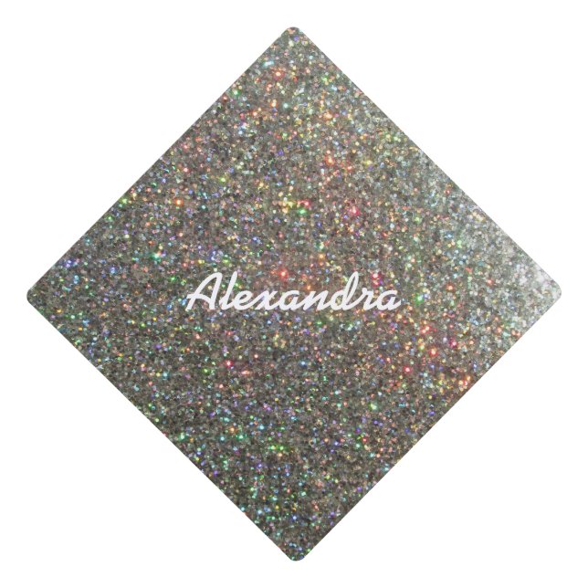 Faux Silver Glitter optional Name Graduation Cap Topper (Front)