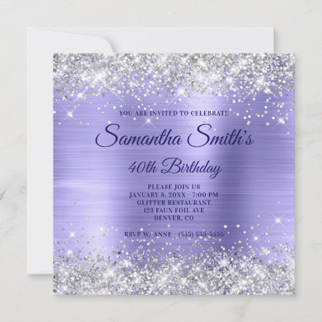 Faux Silver Glitter Periwinkle Foil 40th Birthday Invitation (Front)