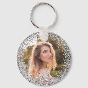 Faux Silver Glitter Photo Keychain