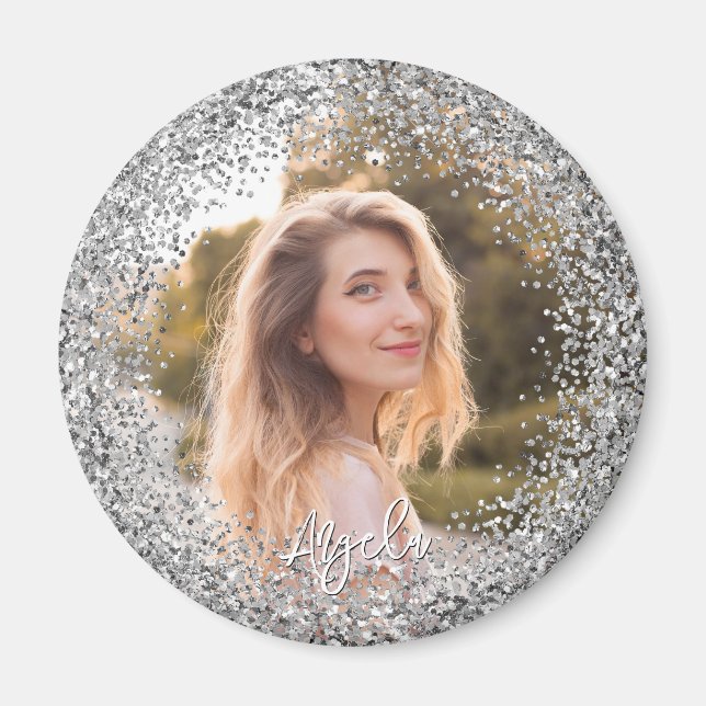 Faux Silver Glitter Photo Magnet (Front)