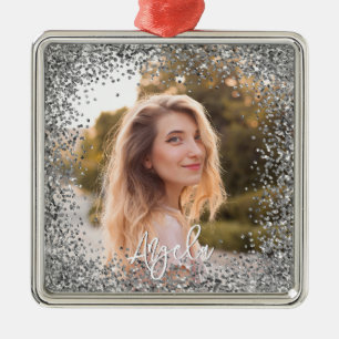 Faux Silver Glitter Photo Metal Ornament