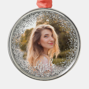 Faux Silver Glitter Photo Metal Ornament