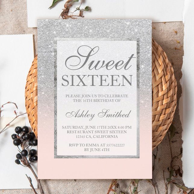 Faux silver glitter pink elegant chic Sweet 16 Invitation (Creator Uploaded)