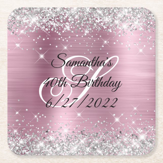 Faux Silver Glitter Pink Foil 40th Birthday Paper Square Paper Coaster (Front)