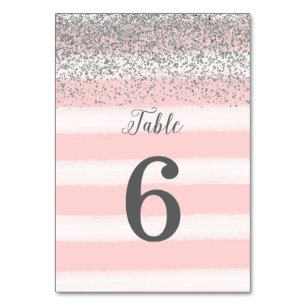 Faux Silver Glitter Pink Wedding Table Number Card
