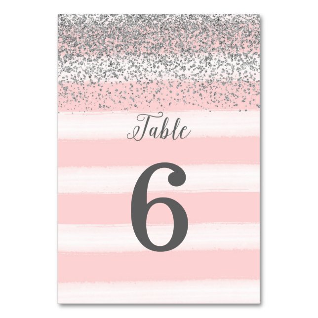 Faux Silver Glitter Pink Wedding Table Number Card (Front)