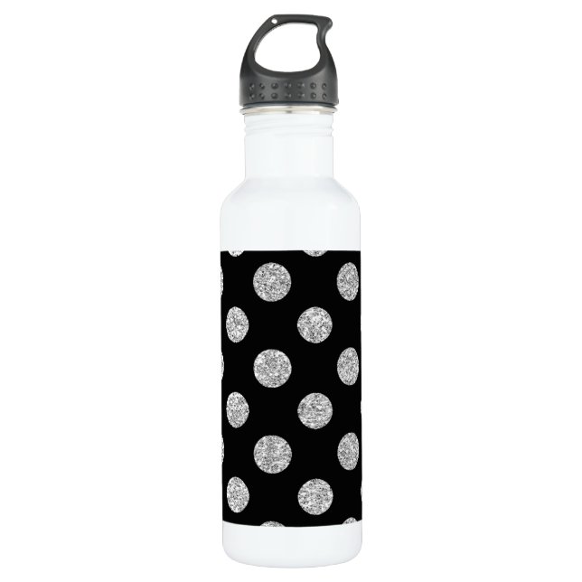 Faux Silver Glitter Polka Dots Pattern on Black 710 Ml Water Bottle (Front)