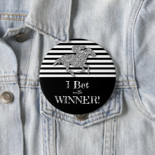 Faux Silver Glitter Race Horse on Black Stripes 4 Inch Round Button