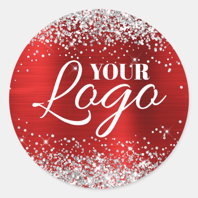 Faux Silver Glitter Ruby Red Foil Logo Classic Round Sticker (Front)