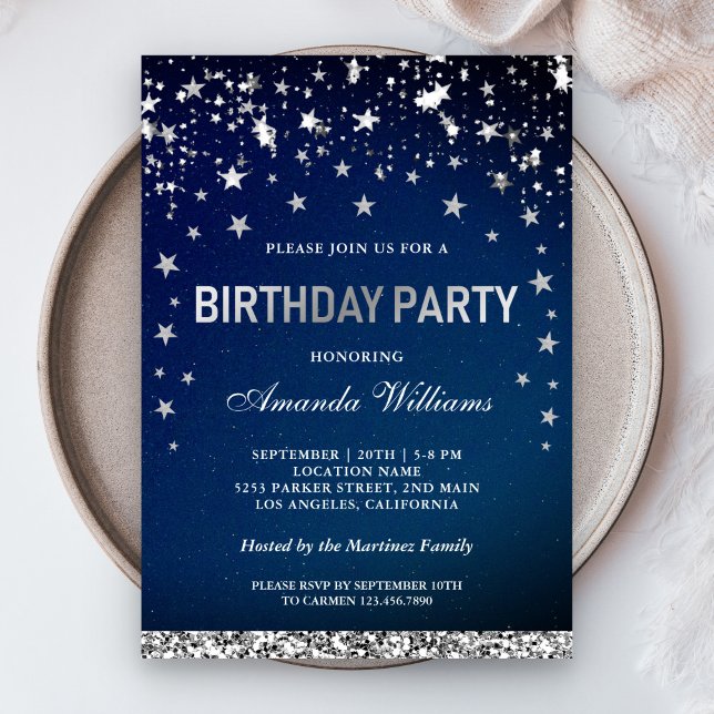 Faux Silver Glitter Stars Confetti Birthday Party Invitation (Creator Uploaded)