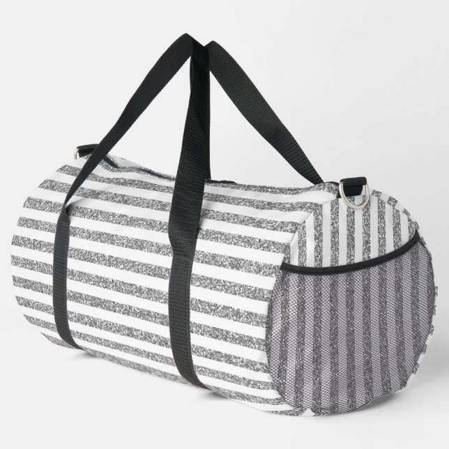 Faux Silver Glitter Stripes Duffle Bag (Right Corner)