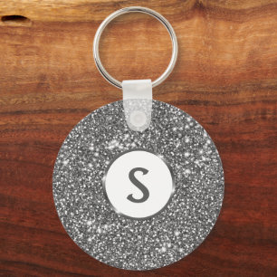 Faux Silver Glitter Texture Look & Custom Monogram Keychain