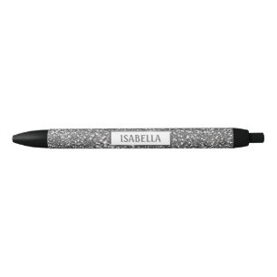 Faux Silver Glitter Texture Look & Custom Name Black Ink Pen