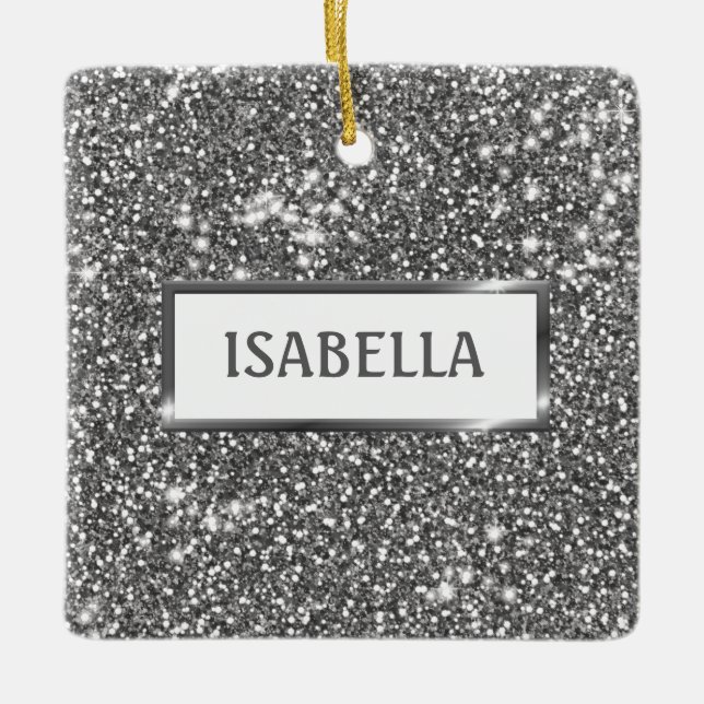 Faux Silver Glitter Texture Look & Custom Name Ceramic Ornament (Front)