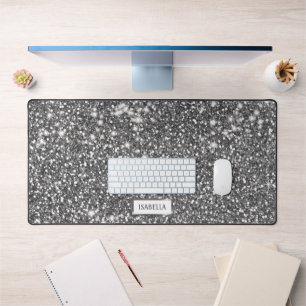 Faux Silver Glitter Texture Look & Custom Name Desk Mat
