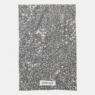 Faux Silver Glitter Texture Look & Custom Name Kitchen Towel