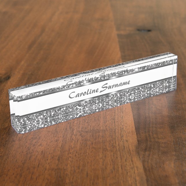 Faux Silver Glitter Texture Look & Custom Name Nameplate (Side)