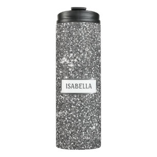 Faux Silver Glitter Texture Look & Custom Name Thermal Tumbler