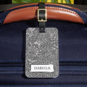 Faux Silver Glitter Texture Look & Custom Text Luggage Tag