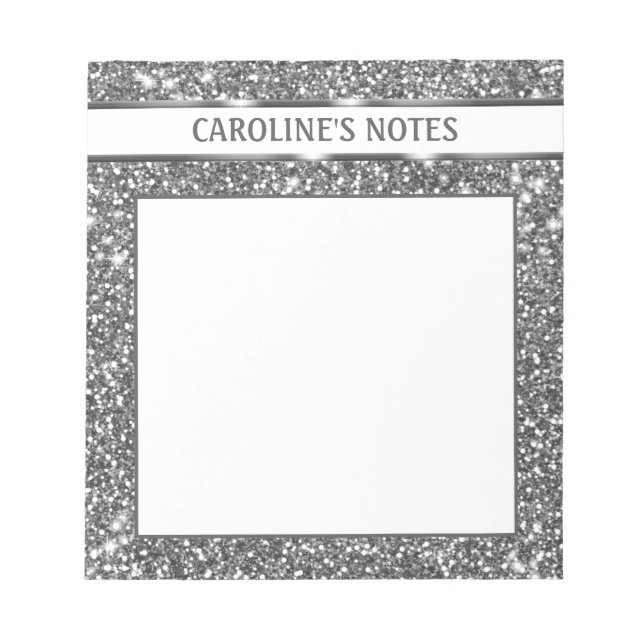 Faux Silver Glitter Texture Look & Custom Text Notepad (Front)