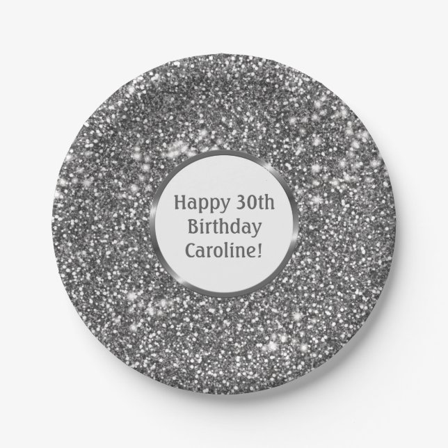Faux Silver Glitter Texture Look & Custom Text Paper Plate (Front)