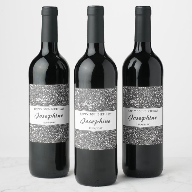 Faux Silver Glitter Texture Look & Custom Text Wine Label (Bottles)