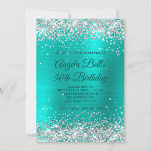 Faux Silver Glitter Turquoise Foil 50th Birthday Invitation
