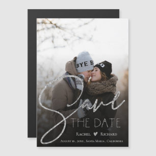 Faux Silver Glitter Wedding Photo Save The Date Magnetic Invitation