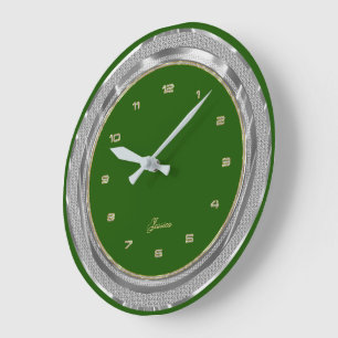 Faux Silver & Gold Border Custom Green Background Large Clock