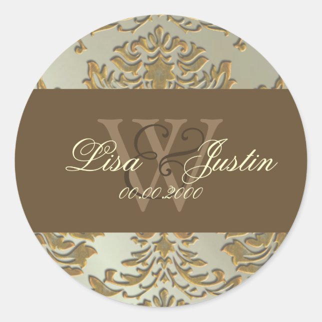 Faux silver/gold Damask monogram wedding stickers (Front)