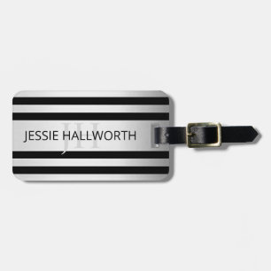 Faux Silver Grey & Black Stripes   Name & Initials Luggage Tag