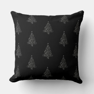 Faux Silver Grey Christmas Tree Pattern Black Throw Pillow