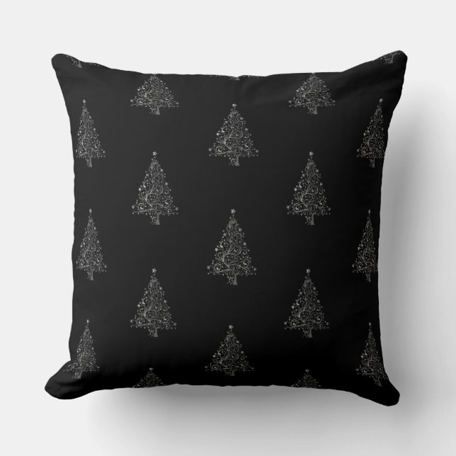 Faux Silver Grey Christmas Tree Pattern Black Throw Pillow (Front)