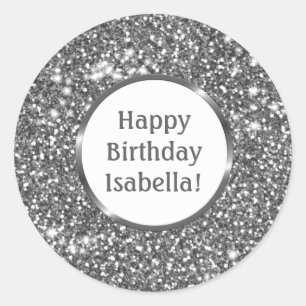 Faux Silver Grey Glitter Custom Happy Birthday Classic Round Sticker