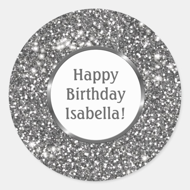 Faux Silver Grey Glitter Custom Happy Birthday Classic Round Sticker (Front)