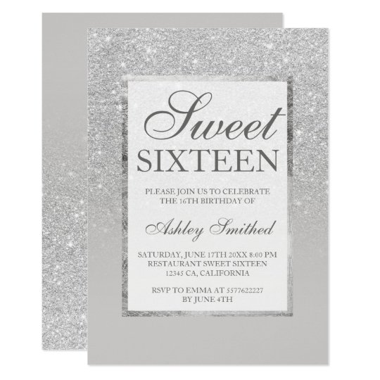 Faux silver grey glitter elegant chic Sweet 16 Card