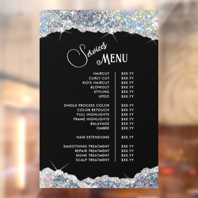 Faux Silver Iridescent Glitter Services Menu Window Cling (Sheet 2)