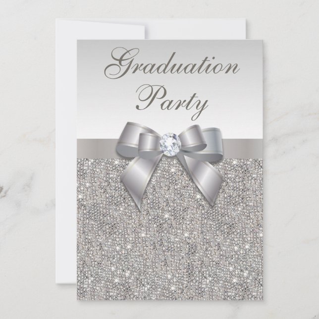 Faux Silver Jewels Bow Girls Graduation Party Invitation (Front)