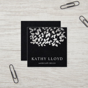 Faux Silver Leaves Landscape Designer Black Square Business Card