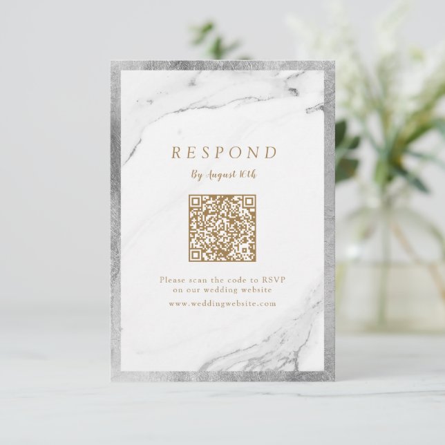Faux silver marble luxury modern wedding QR code RSVP Card (Standing Front)